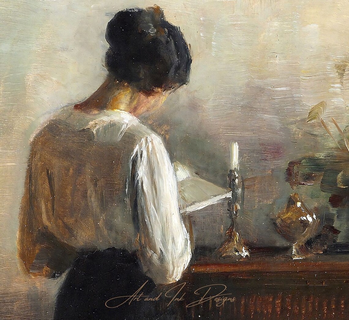 Vintage Woman Portrait Woman Reading Painting Printable Wall Art Moody ...