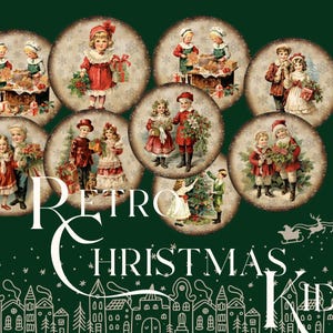 Arte redondo navideño retro para niños, arte victoriano vintage, imágenes PNG y 3 hojas de collage imprimibles digitales: imágenes infantiles para proyectos de bricolaje