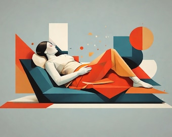 Modern Abstract Depiction of a Resting Woman in Geometric Shapes and Colors