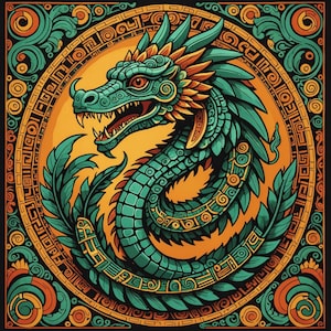 Puede incluir: Ilustración de un dragón turquesa con detalles en naranja y amarillo, sobre un fondo negro. El dragón está rodeado por un borde decorativo con patrones geométricos. Las escamas y los detalles del dragón están meticulosamente representados.