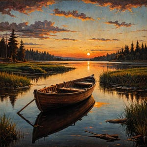 Puede incluir: Pintura de paisaje de un bote de madera en un lago al atardecer. El cielo es una vibrante mezcla de naranja y amarillo, reflejada en el agua. Los árboles bordean la orilla distante, creando una escena pacífica y tranquila.