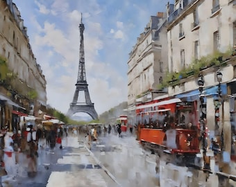 May include: A watercolor painting of a street scene in Paris, France. The Eiffel Tower is in the background, and there are people walking on the street. A red streetcar is parked on the right side of the street.