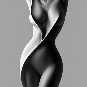 May include: A smooth, abstract sculpture featuring a fluid, curved silhouette that transitions from a stark white side to a deep black side. The form creates a continuous, flowing shape that emphasizes contrast and clean, minimalist lines throughout.