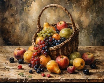 Watercolor Rustic Still Life of a Basket with Assorted Fresh Fruits on Wooden Table. Digital wall art download, Print art,