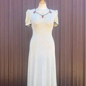 Vintage 70&#39;s does 30&#39;s White Short Sleeve Polka Dot Maxi Dress with Rosette Details | size small