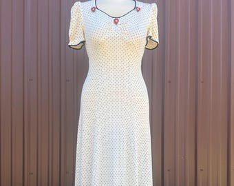 Vintage 70's does 30's White Short Sleeve Polka Dot Maxi Dress with Rosette Details | size small