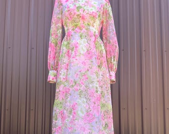 Vintage 70's Psychedelic Flower Power Garden Party Floral Velvet Burnout Long Sleeve Maxi Dress