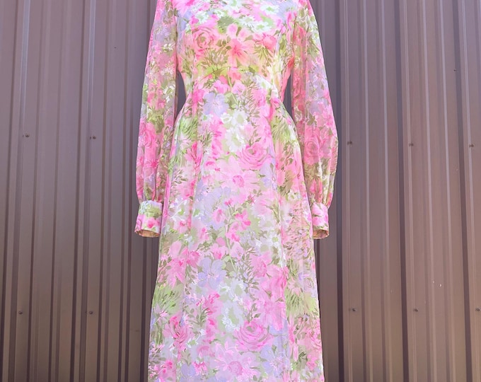 Vintage 70's Psychedelic Flower Power Garden Party Floral Velvet Burnout Long Sleeve Maxi Dress
