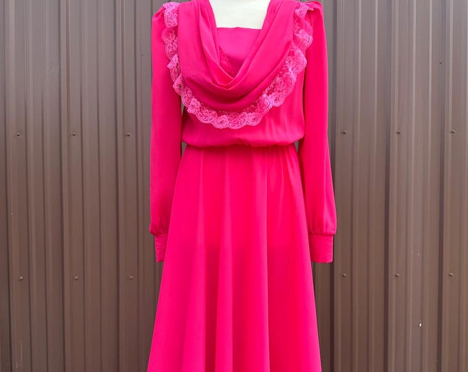 Vintage 70's Hot Pink Long Sleeve Fit and Flare Dress with Lace Trim | size medium