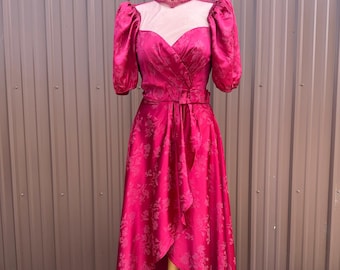 Vintage 70's Romantic Victorian Style Deep Magenta Puff Sleeve Maxi Dress | size x-small