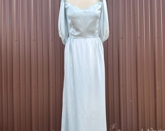 Vintage 70's Pale Blue Satin Maxi Gown with Ruffle Shoulder | size x-large