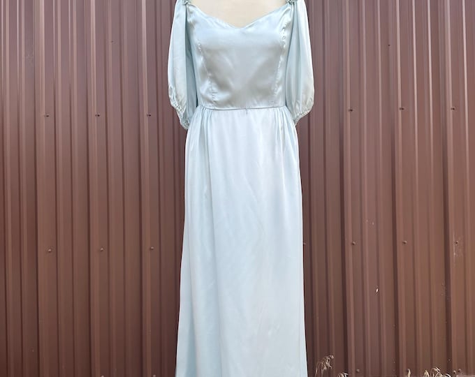 Vintage 70's Pale Blue Satin Maxi Gown with Ruffle Shoulder | size x-large