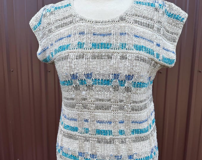 Vintage 80's Tan and Blue Sleeveless Soft Knit Pullover Sweater