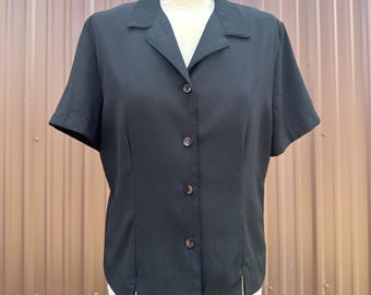 Vintage 90's Basic Black Short Sleeve Button Up Collared Blouse