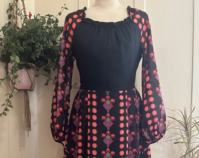 1970’s Psychedelic Bohemian Vibrant Pink Floral Maxi Dress with Sheer Poet Sleeves