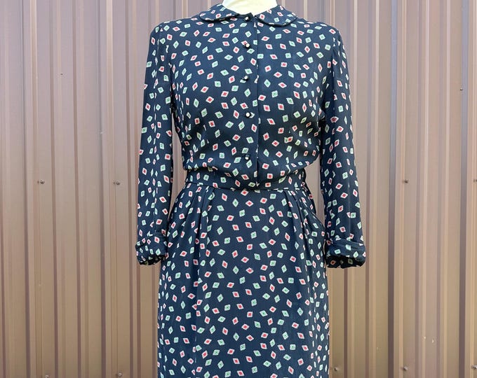 Vintage 40’s Navy Geometric Novelty Print Shift Dress with Peter Pan Collar and Rhinestone Buttons