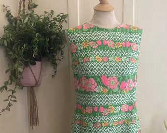 60’s/70’s ‘Jamison Boutique’ Psychedelic Neon Floral Sleeveless A-line Midi Dress with Crochet Lace Hem