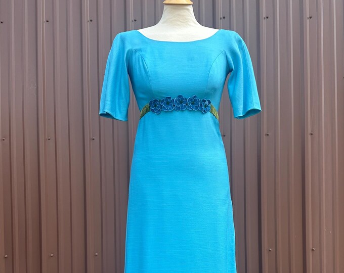 Vintage 70's Sky Blue Half Sleeve A-line Maxi Dress with Velvet Floral Applique | size petite xs