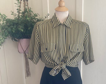 1980's New Wave Short Sleeve Button Up Collared Yellow and Black Striped Blouse