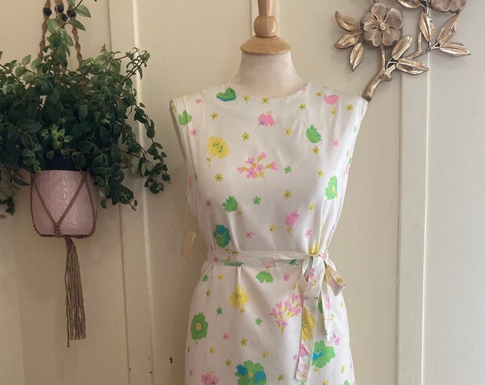 60’s/70’s Deadstock Sleeveless White Shift Dress with Pastel Floral Print and Matching Tie Belt