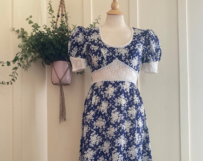 Vintage 70’s Short Sleeve Navy and Cream Floral Maxi Prairie Dress by 'Jody T of California'