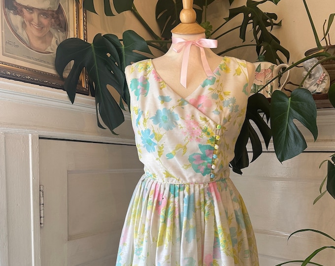 Vintage 60's 'Sue Leslie of California' Sleeveless Pastel Floral Print Cotton Day Dress
