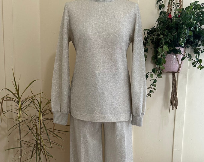 1970's Silver Lurex Three Piece Flared Pant, Knit Tunic Sweater and Vest Set