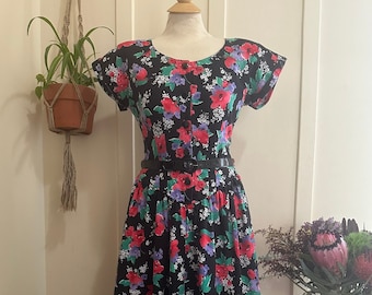 80’s/90’s Short Sleeve Black + Pink Floral Print Cotton Fit and Flare Belted Dress