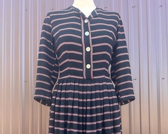 1950's 'Betty Barclay' Navy, Red and White Striped Fit and Flare Button Front Dress