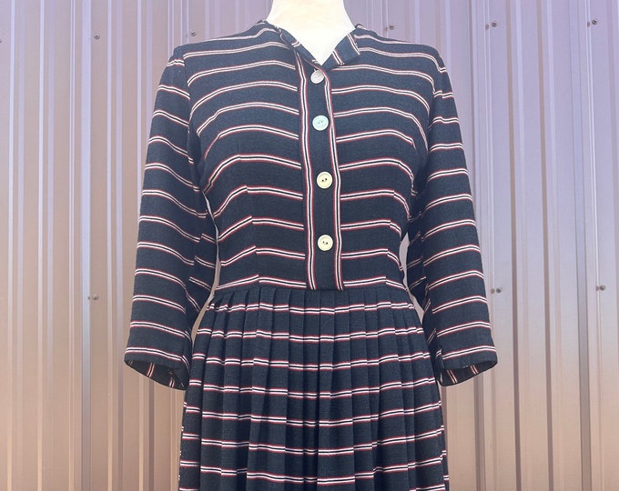 1950's 'Betty Barclay' Navy, Red and White Striped Fit and Flare Button Front Dress