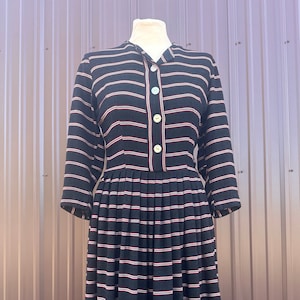 1950&#39;s &#39;Betty Barclay&#39; Navy, Red and White Striped Fit and Flare Button Front Dress