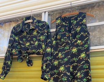 Vintage 1970’s Handmade Floral Print A-line Sleeveless Maxi Dress and Matching Cropped Button Up Collared Blouse Two Piece Set | size small