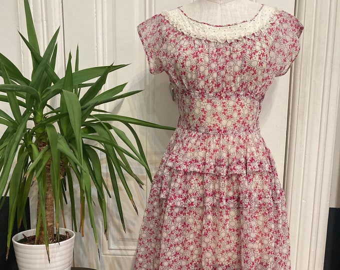 1960's 'Vicky Vaughn Junior' Sheer Butterfly Dandelion Floral Print Cap Sleeve Midi Dress