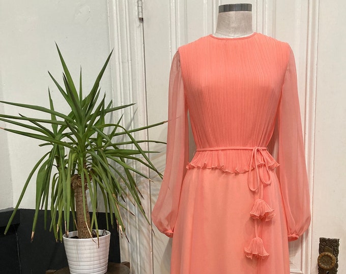 1970’s Romantic Pastel Pink Maxi Dress with Sheer Bishop Sleeves, Pleated Bodice and Tulip Tie Belt
