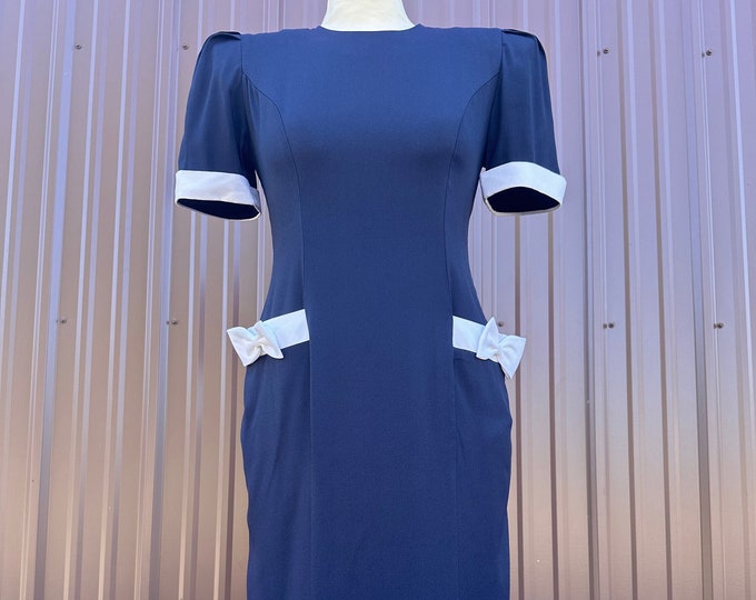 1980’s ‘Hampton Dress Co.’ Short Sleeve Navy Wiggle Dress with Bow Pockets