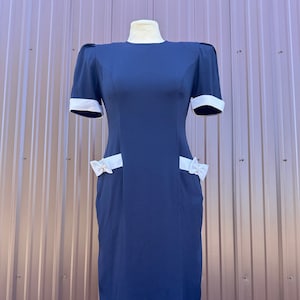 1980’s ‘Hampton Dress Co.’ Short Sleeve Navy Wiggle Dress with Bow Pockets