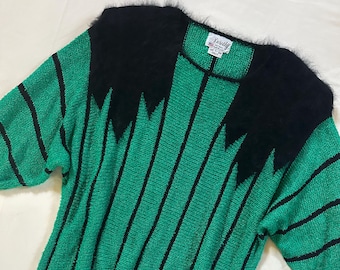 Vintage 80's Green Striped Art Deco Style Pullover Tunic Sweater by Dorothy Knit Wear