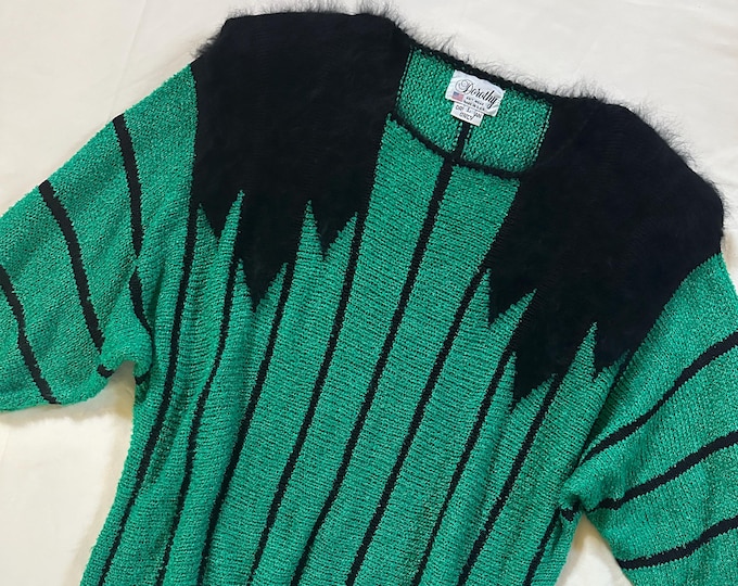 Vintage 80's Green Striped Art Deco Style Pullover Tunic Sweater by Dorothy Knit Wear