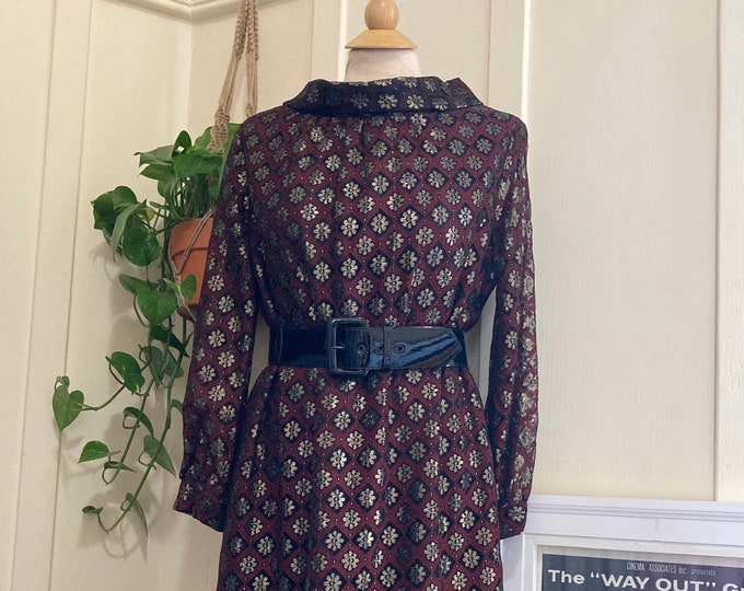 1960’s Burgundy and Gold Metallic Geometric Floral Lace Long Sleeve Trapeze Swing Dress