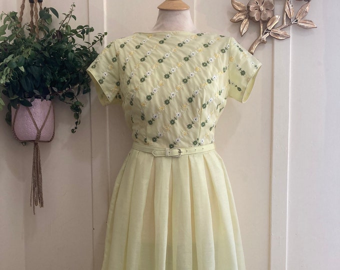 50’s/60’s 'Kay Whitney by Huntington' Pale Yellow Fit and Flare Belted Day Dress with Floral Embroidered Bodice