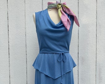 1970s Light Blue Sleeveless Draped Cowl Neck Peplum Dress 1970s Light Blue Sleeveless Draped Cowl Neck Peplum Dress