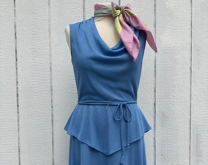 1970’s Light Blue Sleeveless Draped Cowl Neck Peplum Dress