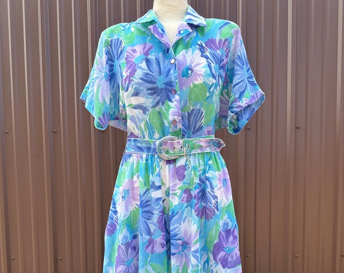 Vintage Blue and Purple Watercolor Floral Print Lightweight Fit and Flare Shirtdress