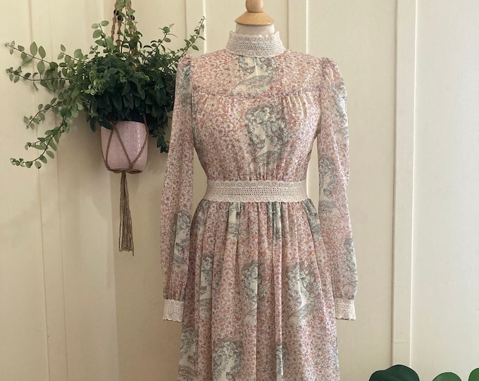 1970’s Art Nouveau Floral Print Maxi Prairie Dress with Crochet Trim