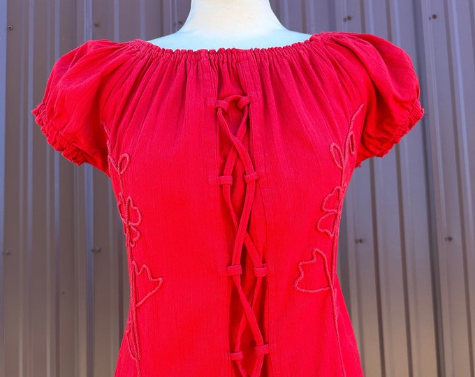 Vintage Bohemian Hippie Red Puff Sleeve Cotton Muslin Top with Lace Up Bodice and Corded Floral Detail