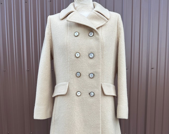Vintage 1960's I. Magnin Cream Double Breasted Collared Long Classic Mod Pea Coat
