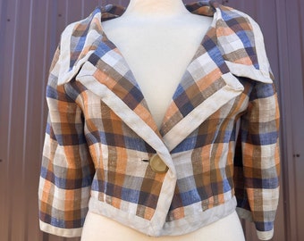 1960's Mod Orange and Blue Plaid Lightweight Cropped Collared Blazer - Small