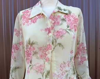 1990’s Pale Yellow with Pink Floral Print Sheer Single Button Collared Blouse by 'Positive Attitude'