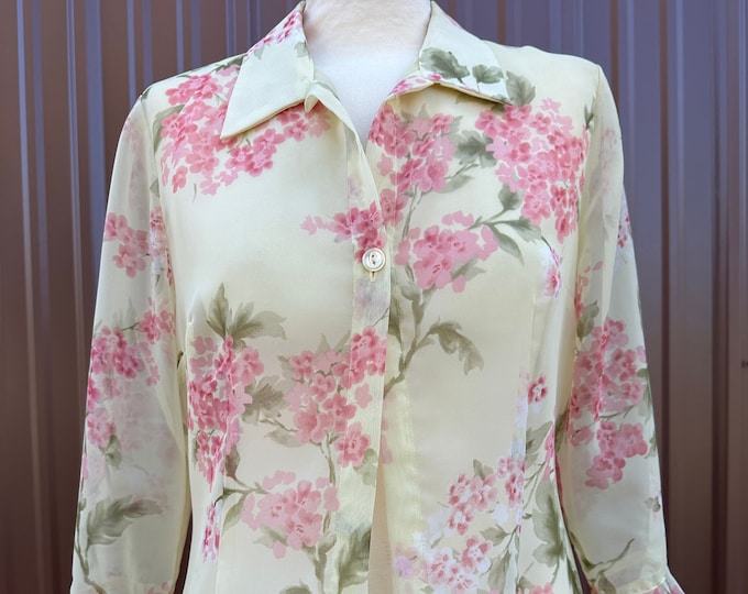 1990’s Pale Yellow with Pink Floral Print Sheer Single Button Collared Blouse by 'Positive Attitude'