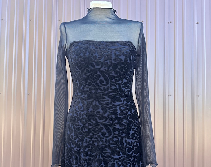 90's Black Velvet Burnout Fit and Flare Dress with Long Mesh Sleeves and Button Up Back